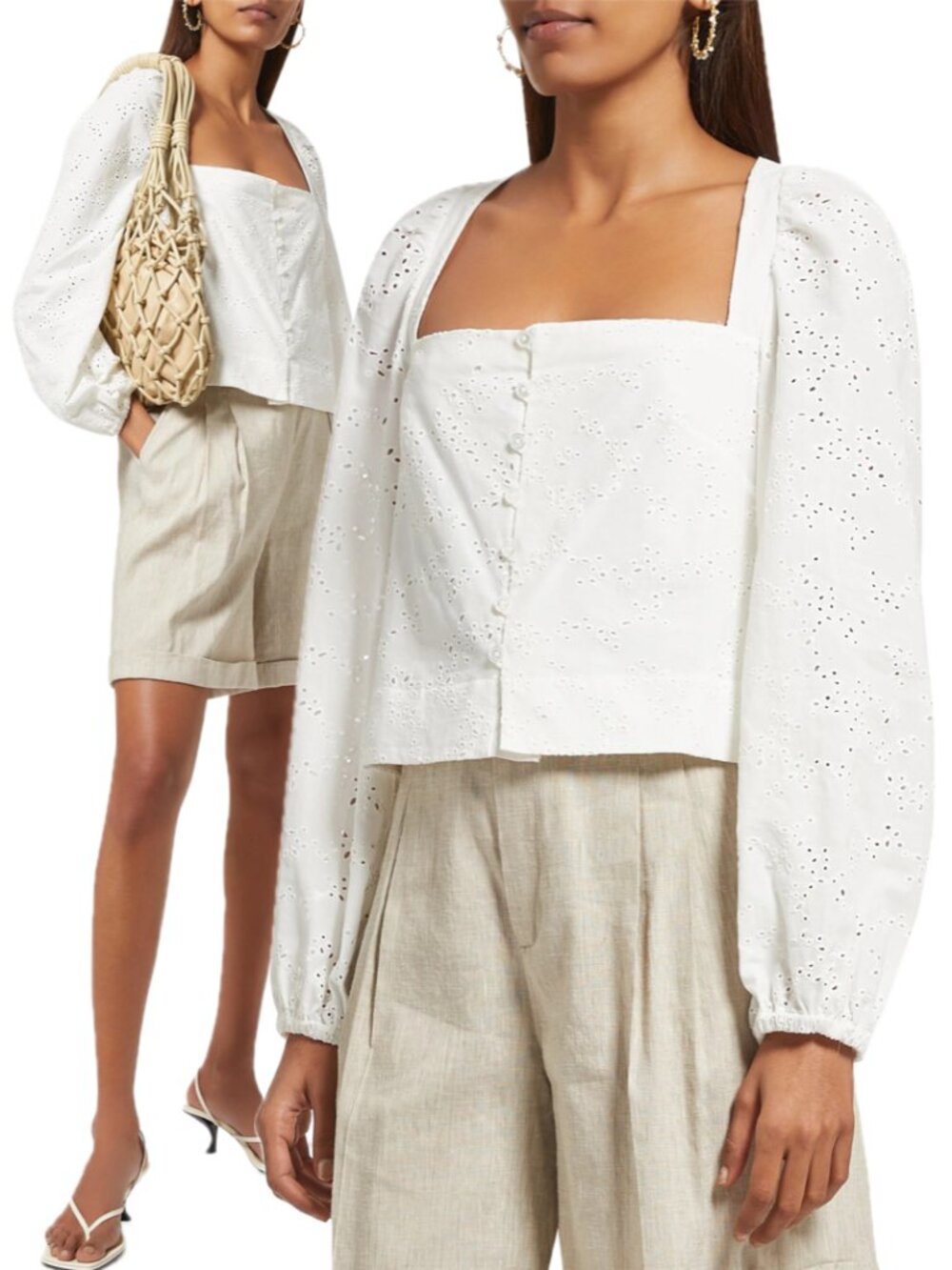 Simkhai Cotton Clover Broderie Anglaise Square-Neck Puffed Sleeve Top (White)